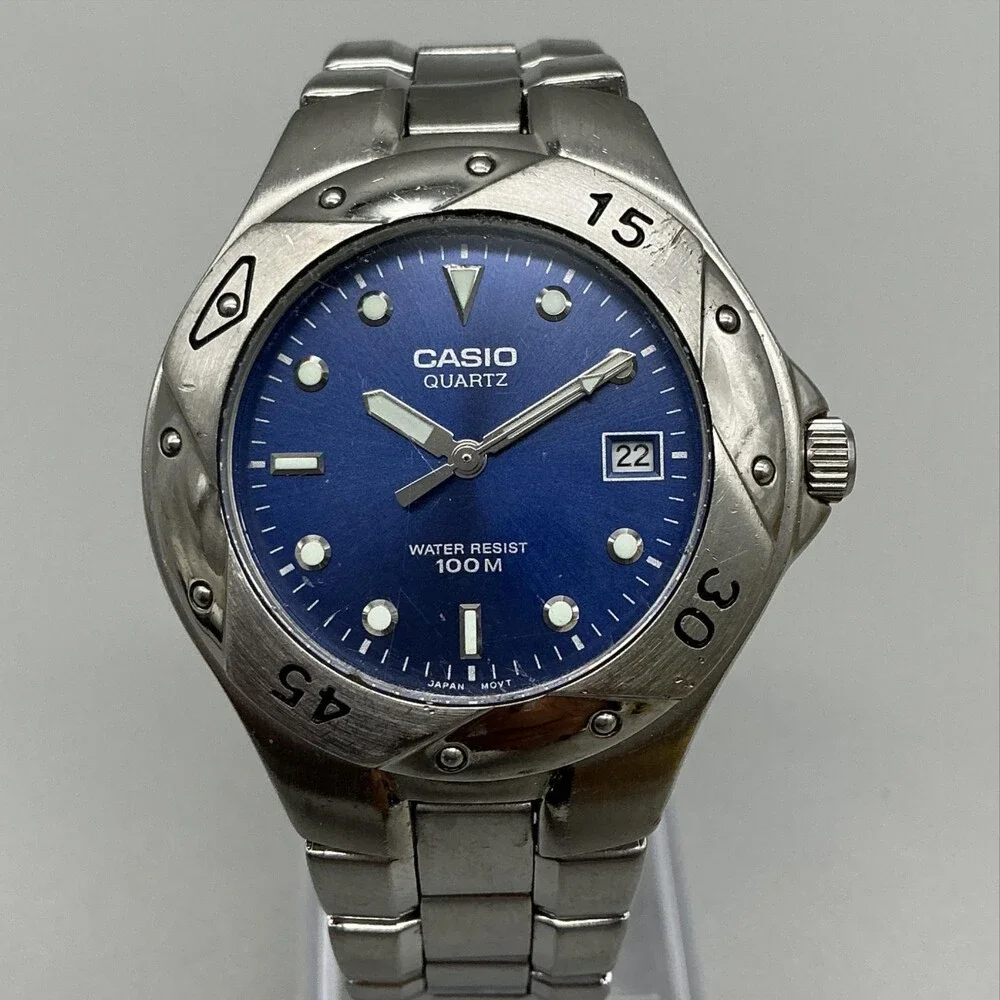 Casio 1346 MTD-1034 Mens Watch 37mm Blue Dial Silver Tone Date New Battery 6.5
